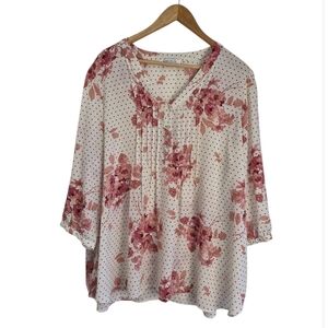 Rose & Olive Floral & Micro Polka Dot Print Pintuck Blouse Sz 2X Romantic Shabby